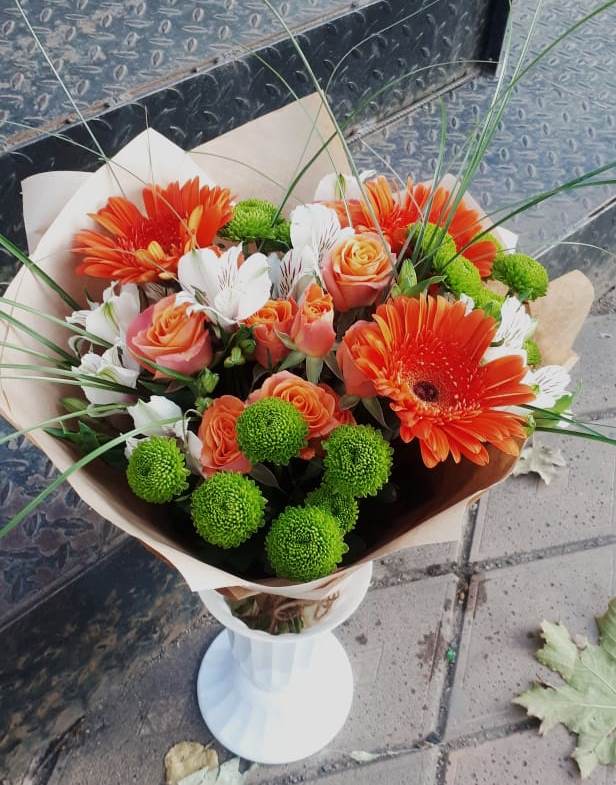Букет цветов из: Герберы, Хризантемы, Альстромерии и Розы в Васильевское