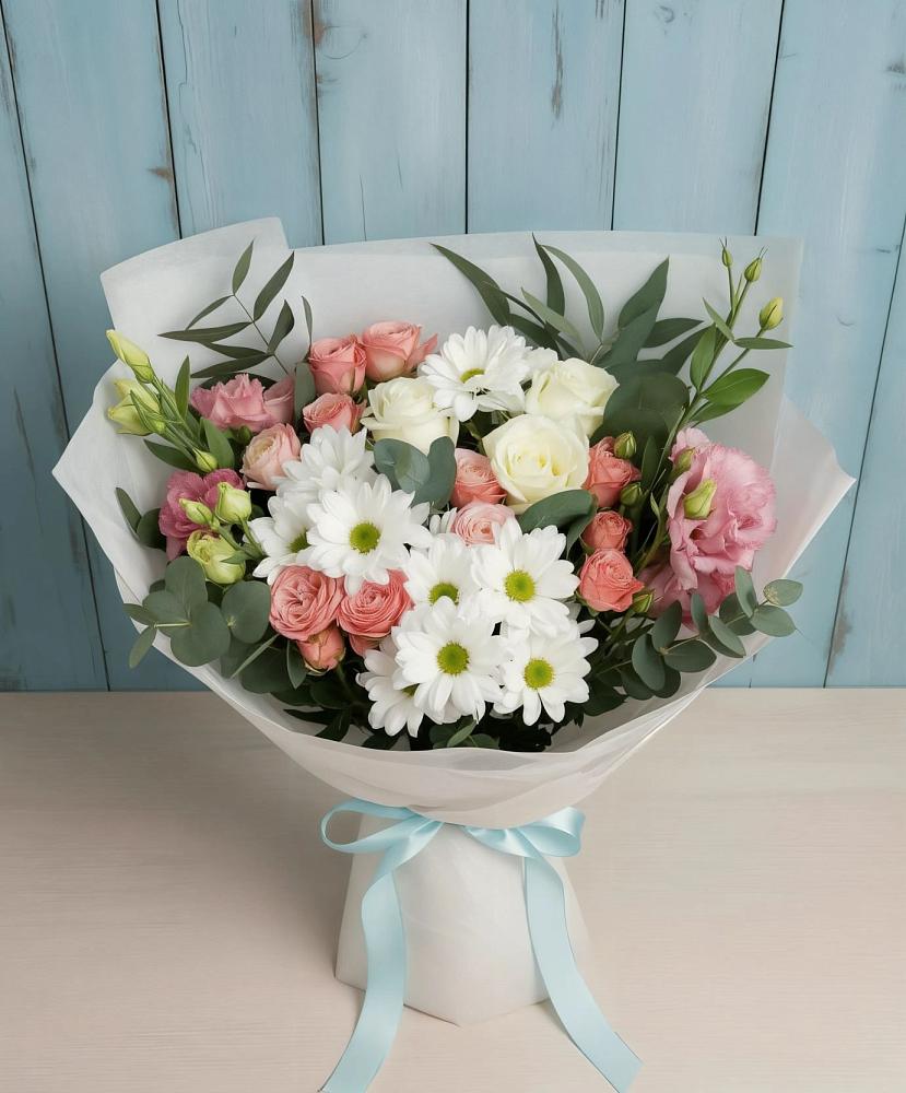 Букет цветов из: Розы, Лизиантусы и Хризантемы в Васильевское