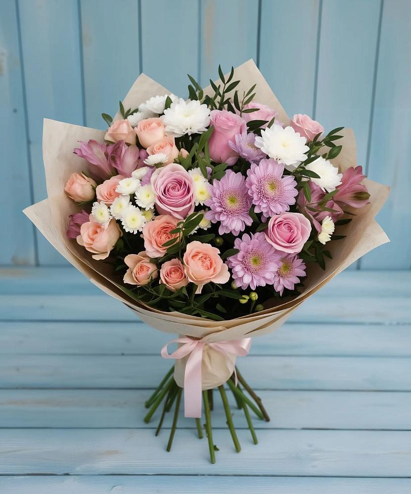 Букет цветов из: Хризантемы, Розы и Альстромерии в Васильевское
