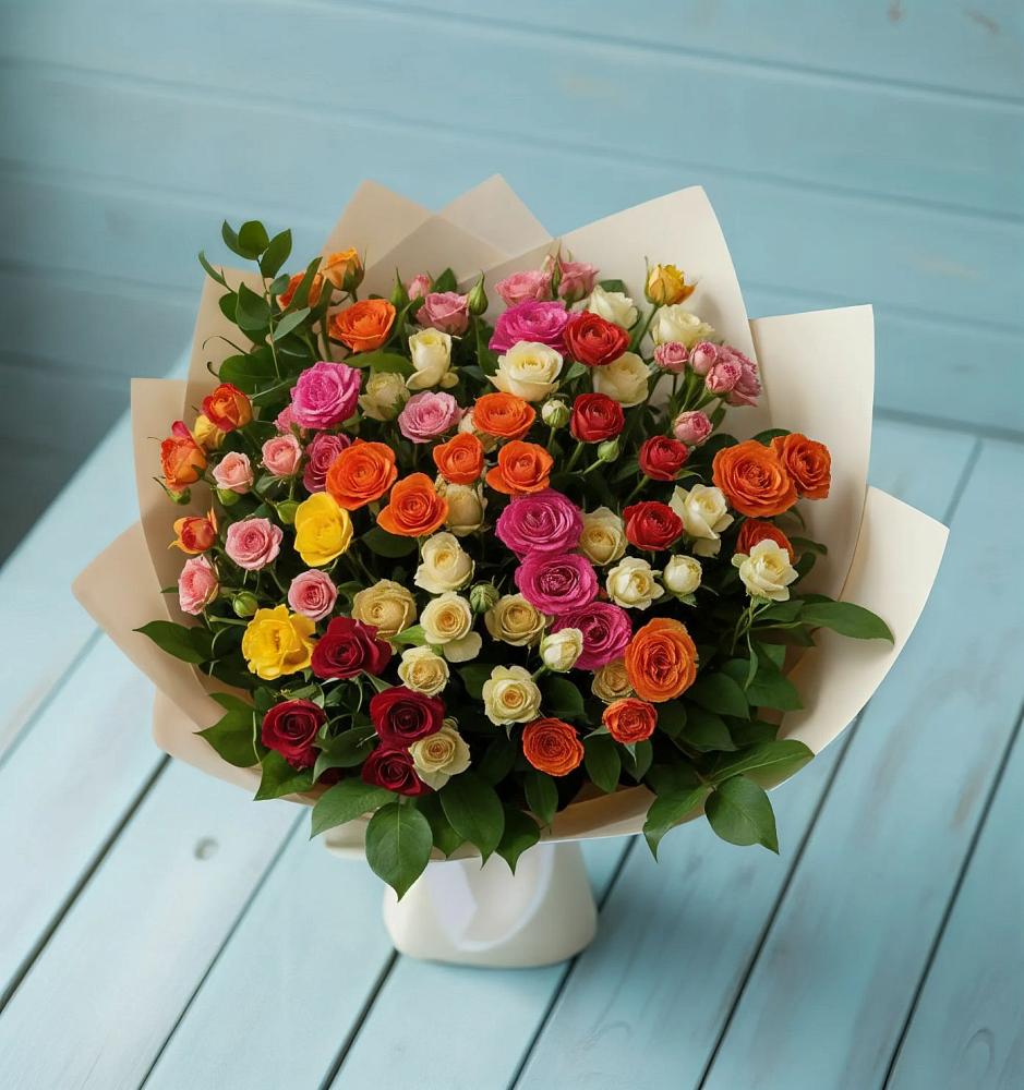 Букет Микс из разноцветных кустовых роз в Васильевское