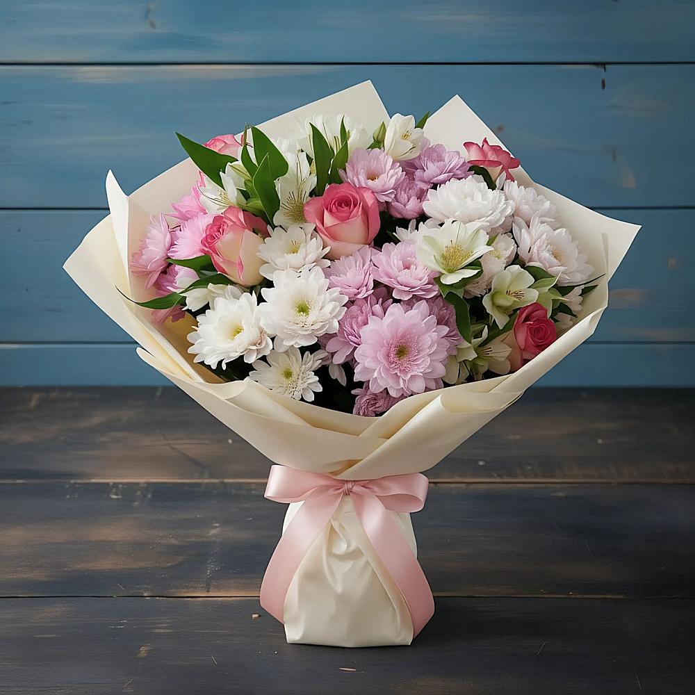 Букет цветов из: Хризантемы, Альстромерии и Розы в Васильевское